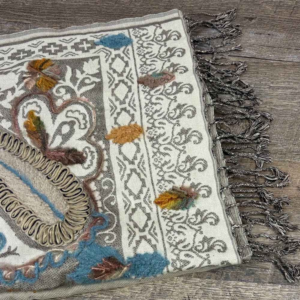 J.Jill Embroidered Wide Wrap Scarf Gray Blue Fringe